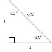 'image of 45-45-90 right triangle with angle measurements and length measurements'